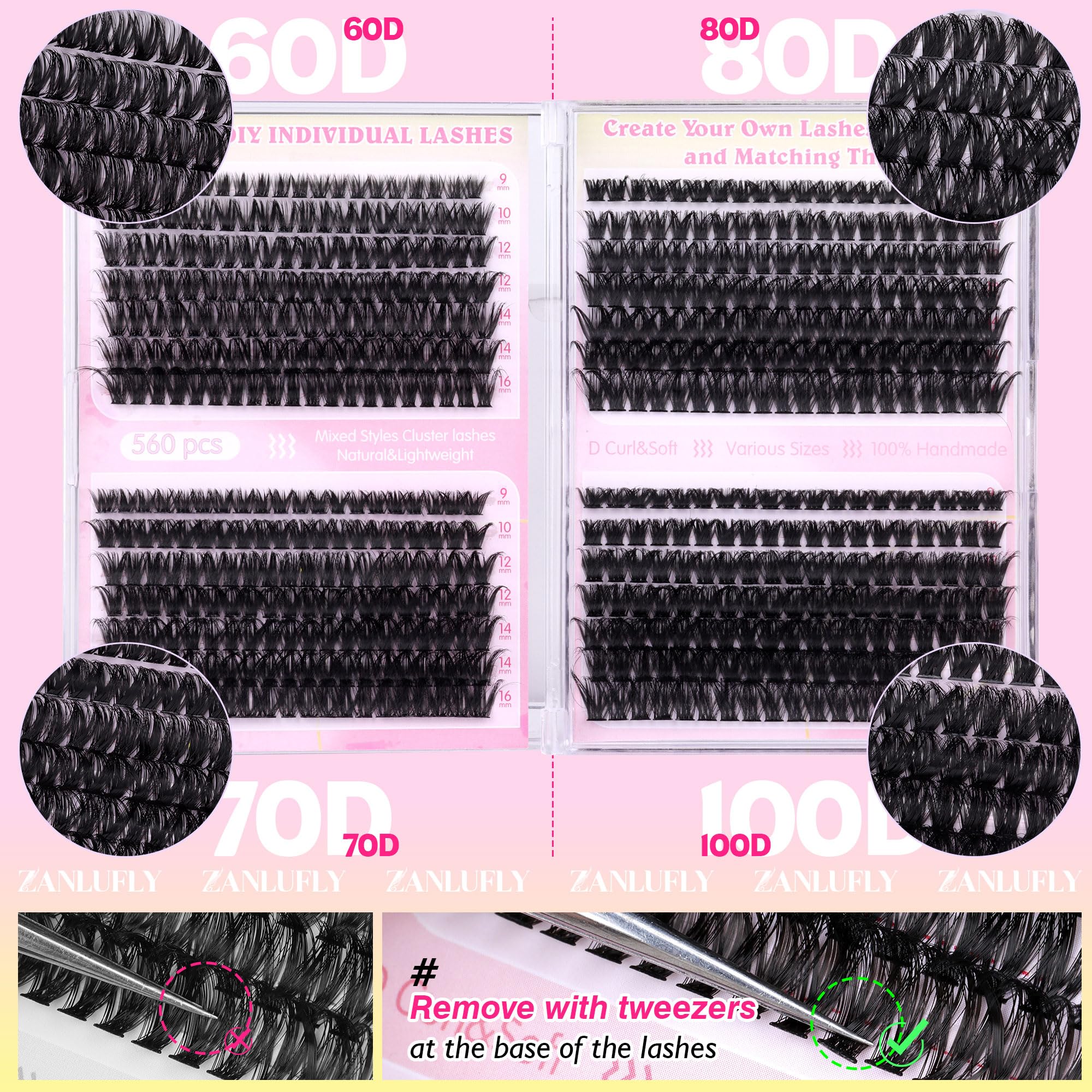 Lash Clusters D-Curly Individual Lashes Volume Eyelash Clusters Bulk zanlufly Thick Lash Extension 560Pcs Natural DIY Eyelash Extension (9-16MM,60D+70D+80D+100D)